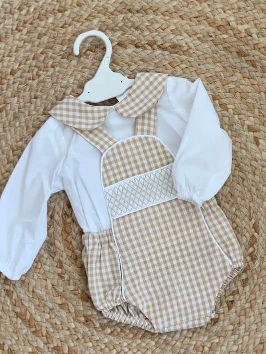Baby boys beige white checked smocked gingham all in one shorts romper matching shirt
