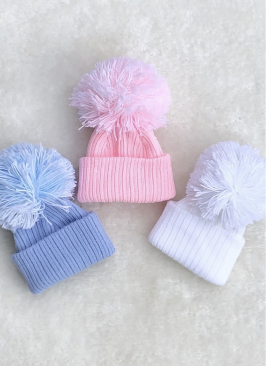 DINKY babies boys girls unisex blue pink white knitted pom pom hat