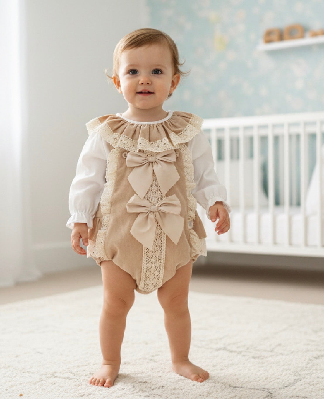 CAROLER girls toddlers beige cream corduroy all in one dungerees white blouse