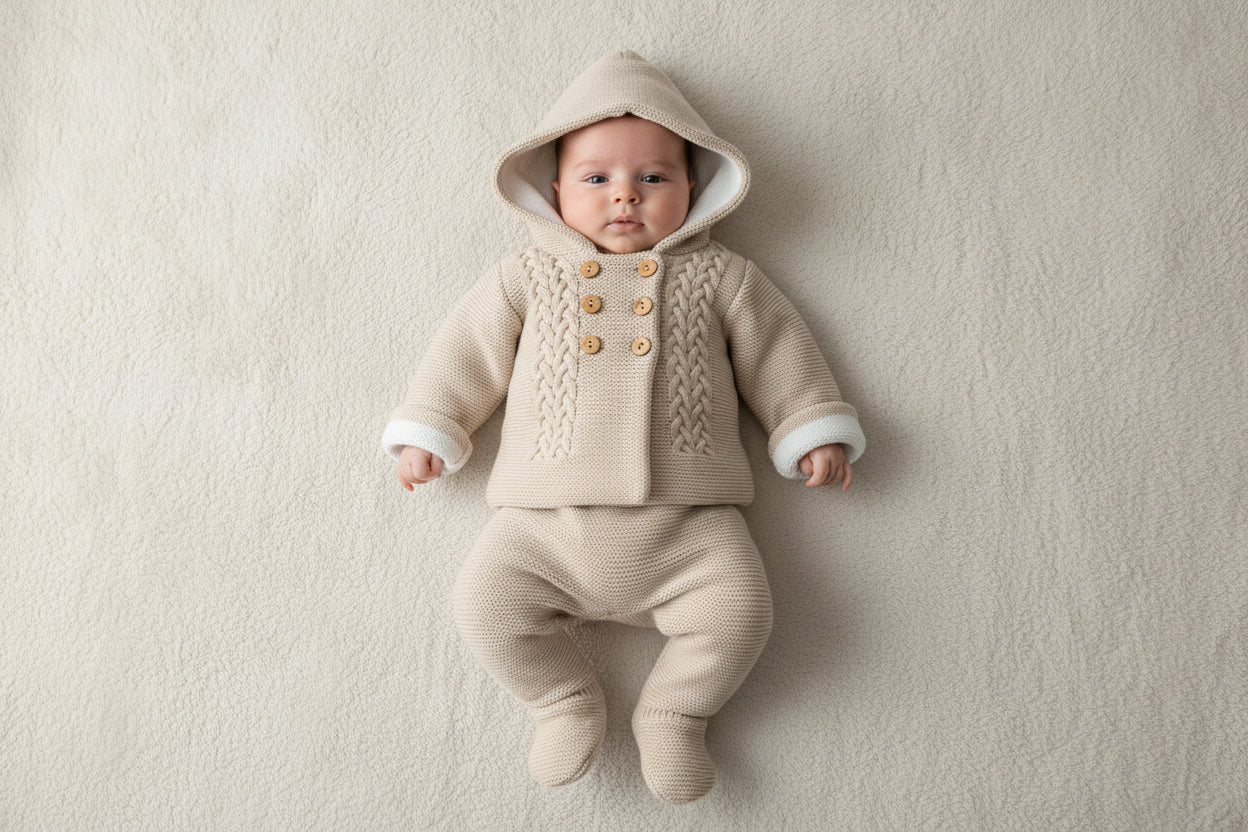 ROMIE babies beige cream knitted pram set coat trousers