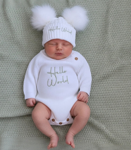 HELLO WORLD ribbed knitted hat and romper