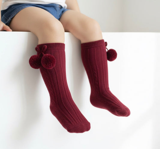 BOBBY burgundy unisex boys girls knee high pom pom socks
