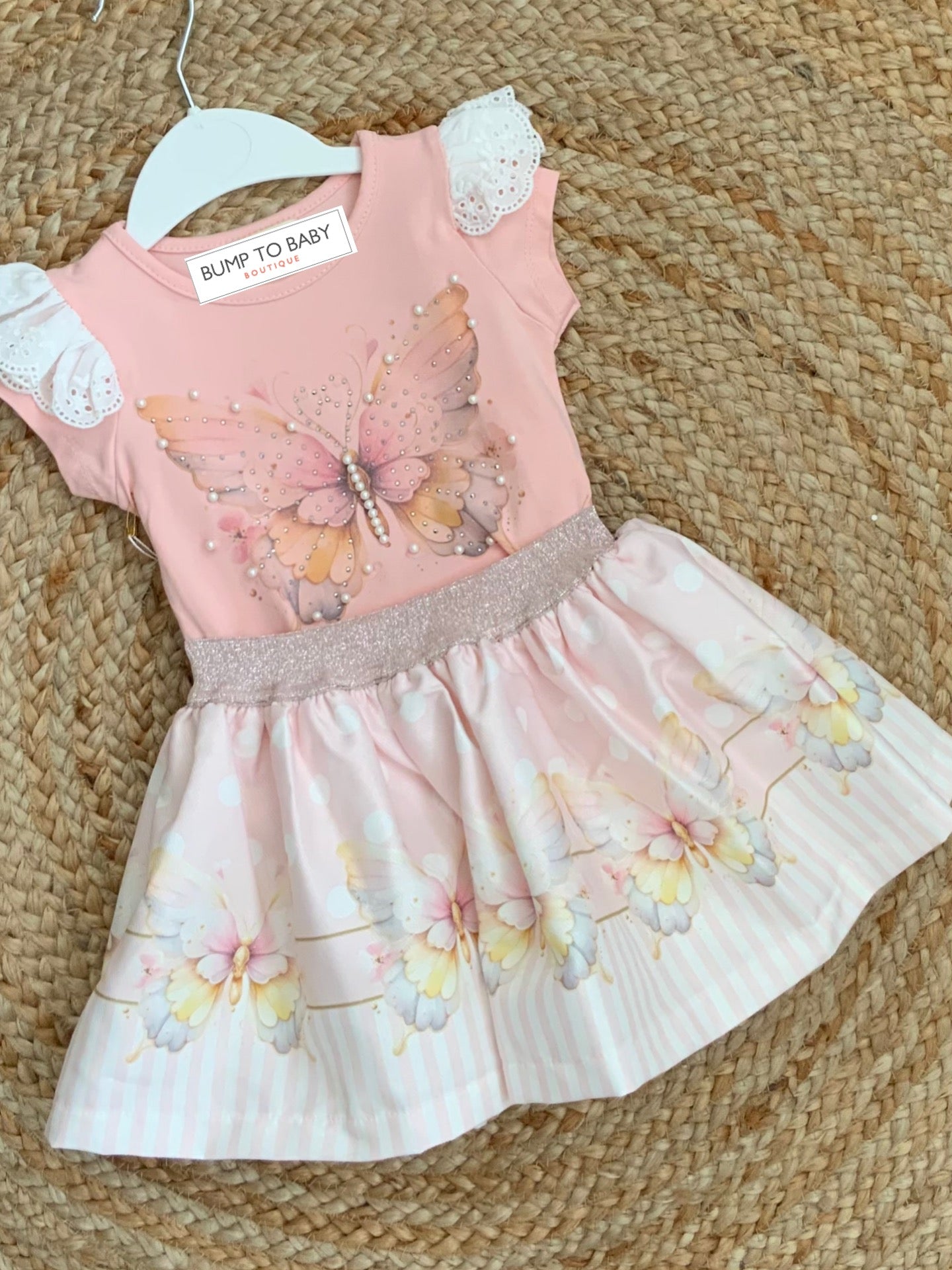 TODDLER GIRLS EMBLISHED BUTTERFLY T-SHIRT SKIRT SET PEACH